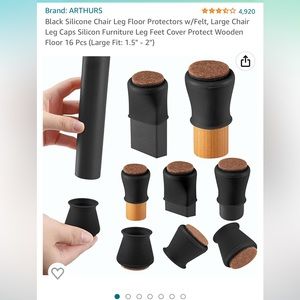 Black Silicone Chair Leg Floor Protectors w/Felt 16 pack